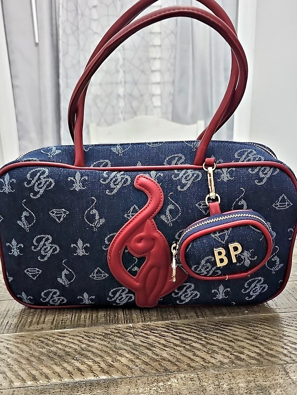 Babyphat Printed Structured Shoulder Bag in Denim & Burgundy